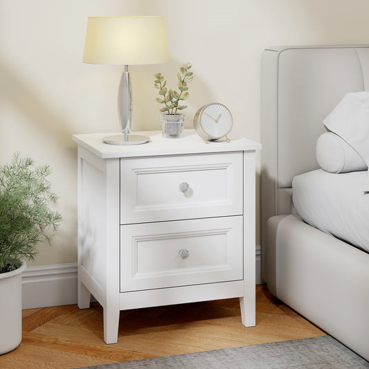 HOMCOM Nightstand With 2 Drawers Modern Bedside Table White MDF Frame Crystal Handles For Bedroom Living Room