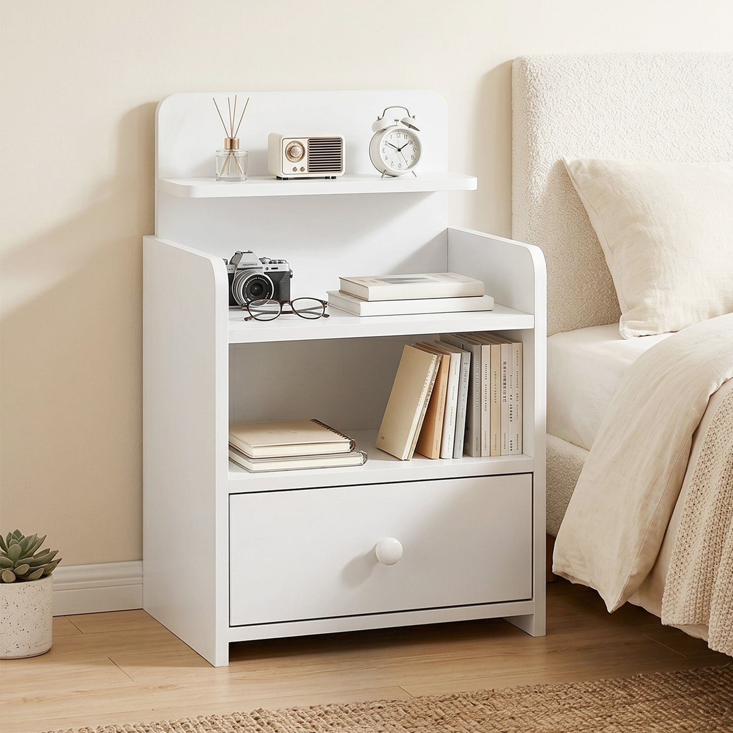 HOMCOM Bedside Cabinet With Drawer And Shelves White Nightstand For Living Room And Bedroom