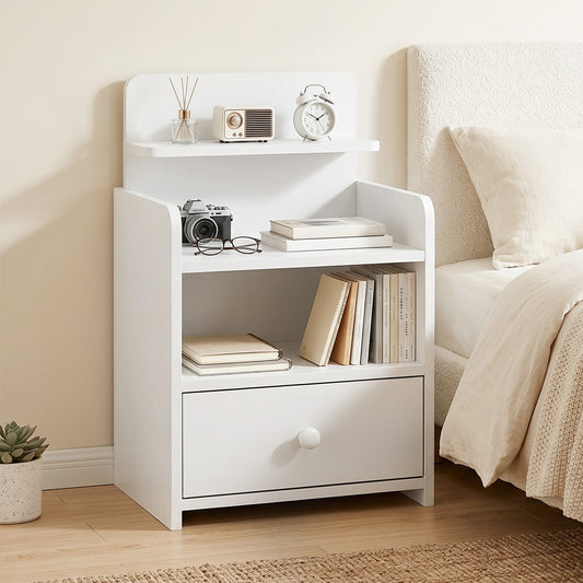 HOMCOM Bedside Cabinet With Drawer And Shelves White Nightstand For Living Room And Bedroom