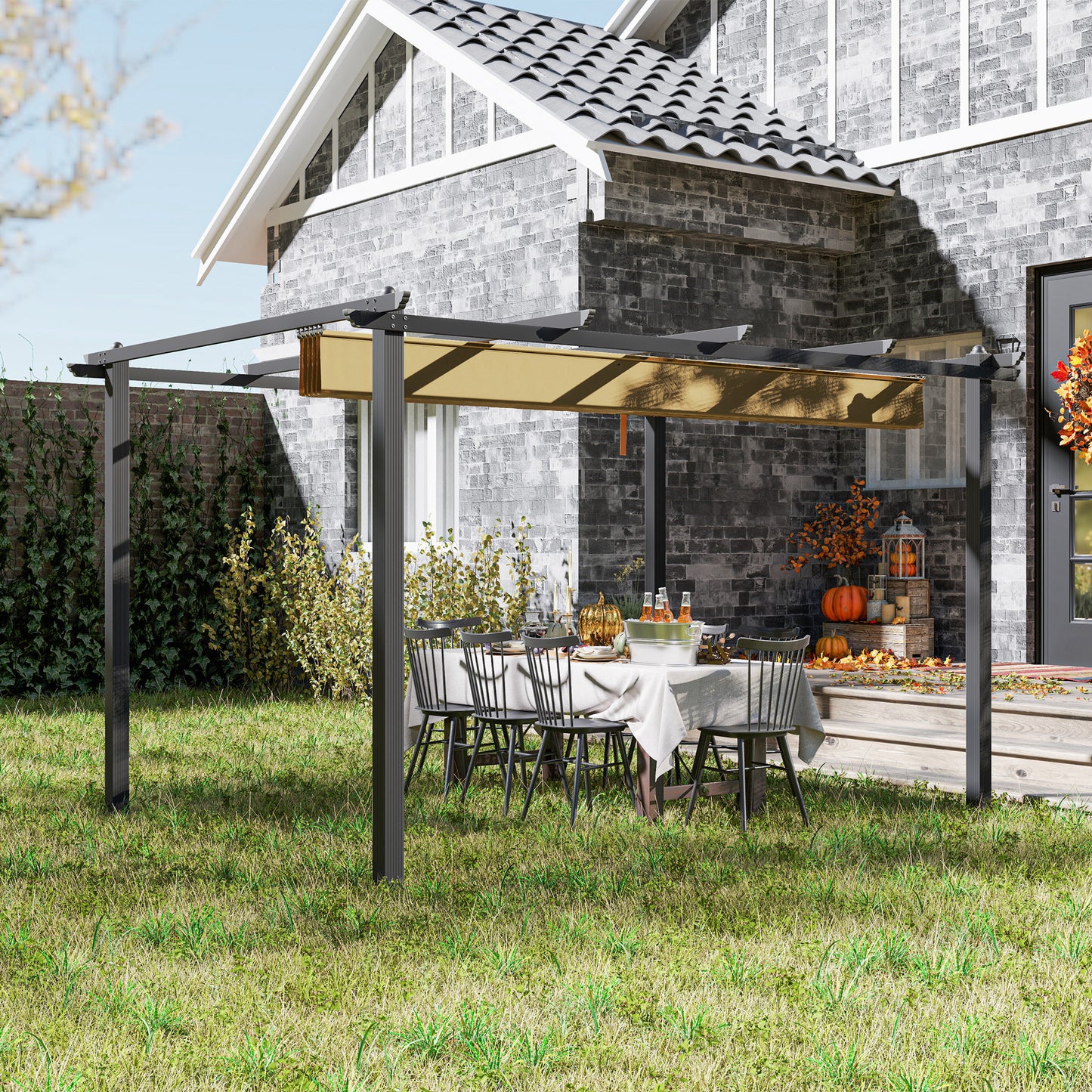Outsunny 3 x 4m Aluminium Pergola With Retractable Roof Khaki for Patio Or Garden