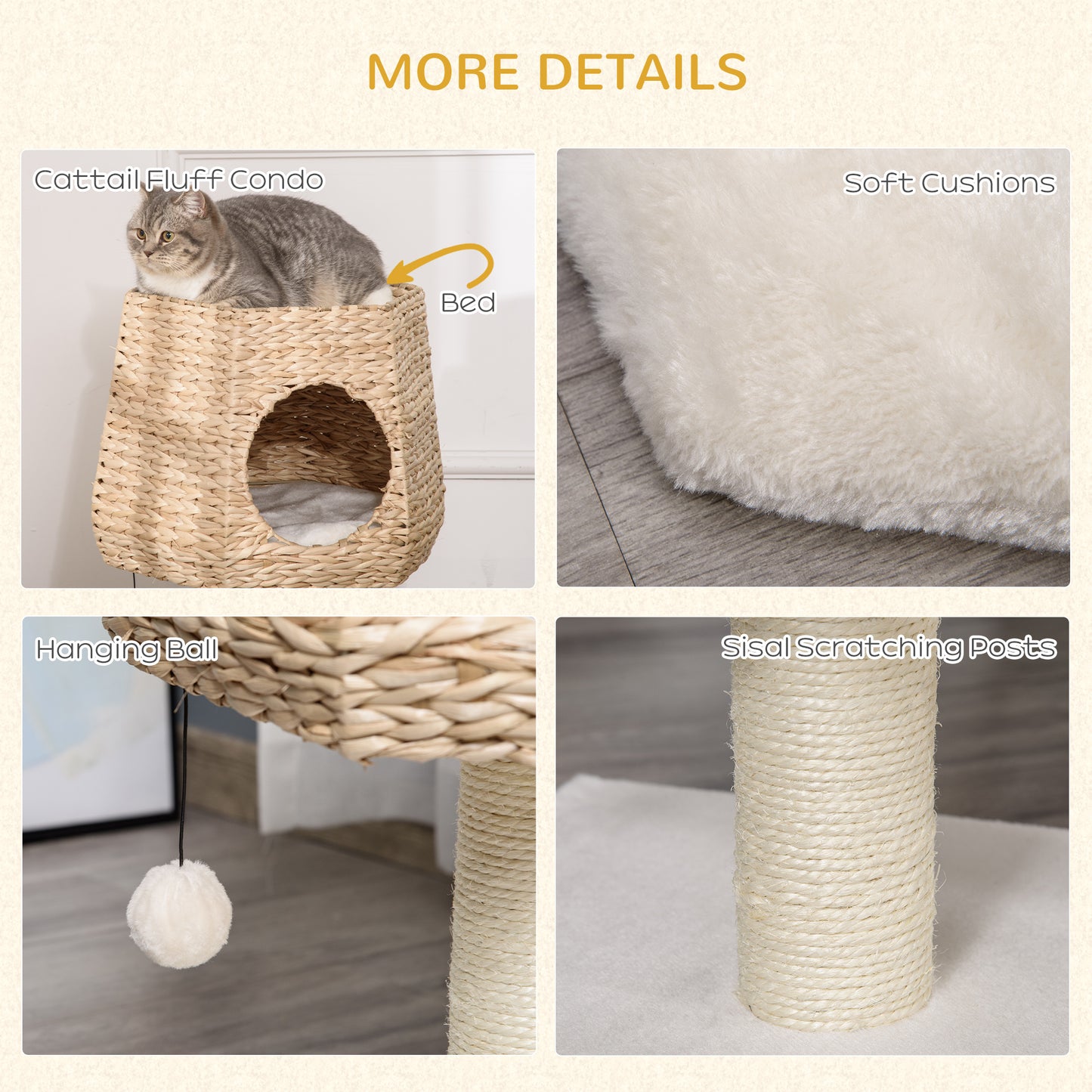 PawHut Multi-Level Cat Activity Center with Plush Bed and Scratching Post - Natural 45x45x66cm - ALL4U RETAILER LTD