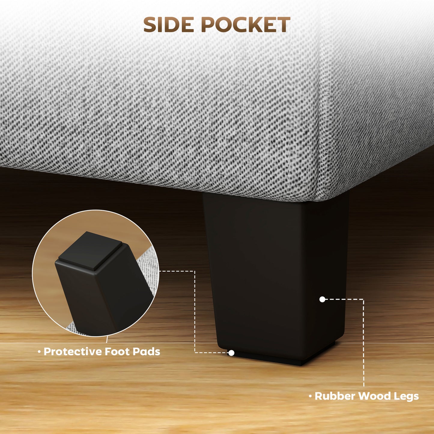 HOMCOM Square Footstool With Side Pocket Storage Ottoman Linen Fabric Footrest 35x35x35 cm Light Grey