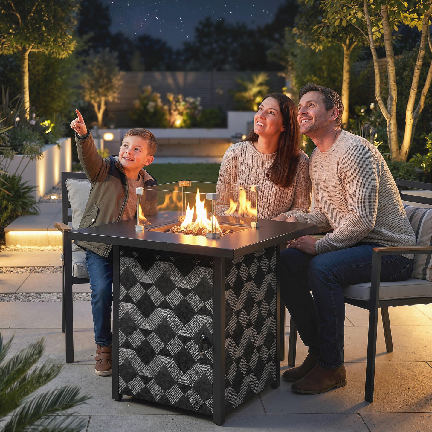 Outsunny Square Propane Gas Fire Pit Table With Glass Wind Guard 12 KW Patio Heater Lava Rocks Gas Tank Holder