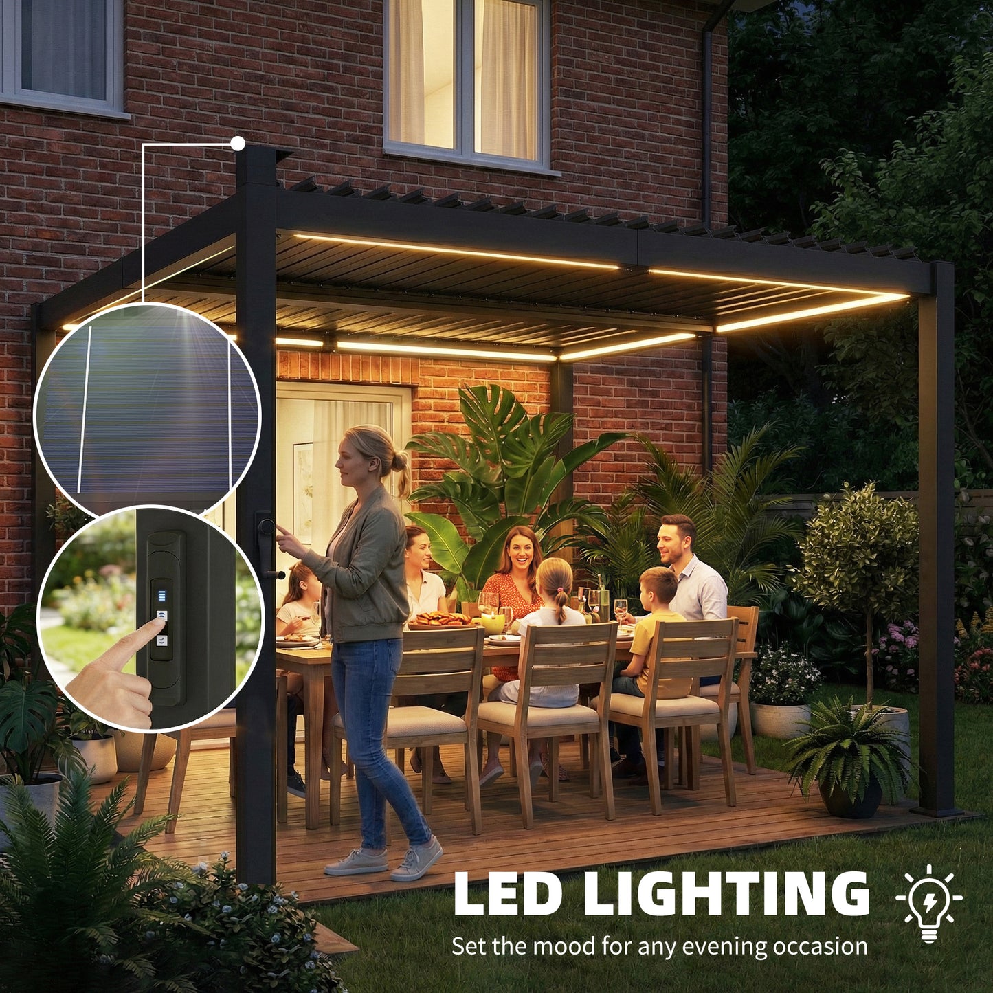 Outsunny 3 x 3 m Louvered Pergola With Solar LED Lights Metal Roof Drainage Gutters Black