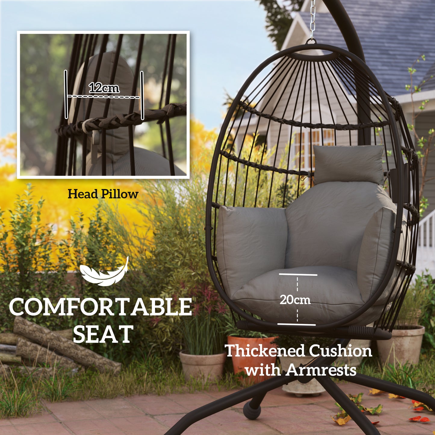 Outsunny Hanging Egg Chair With Stand For Patio Balcony Outdoor Garden Swing Thick Cushion Cup Holder Headrest Dark Grey