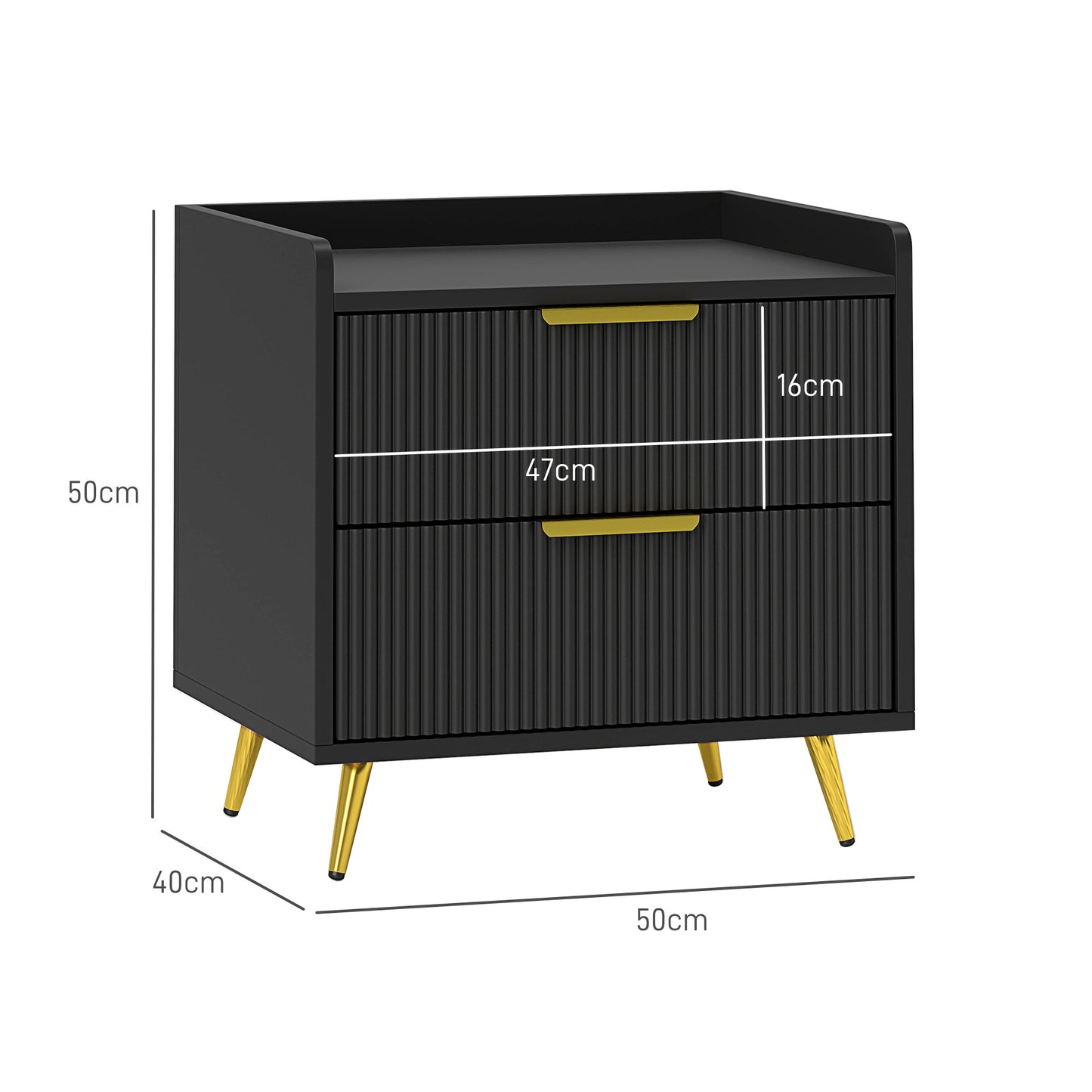 HOMCOM Elegant Two Drawer Bedside Table Set Of Two In Black With Ridged Fronts And Gold Tone Handles