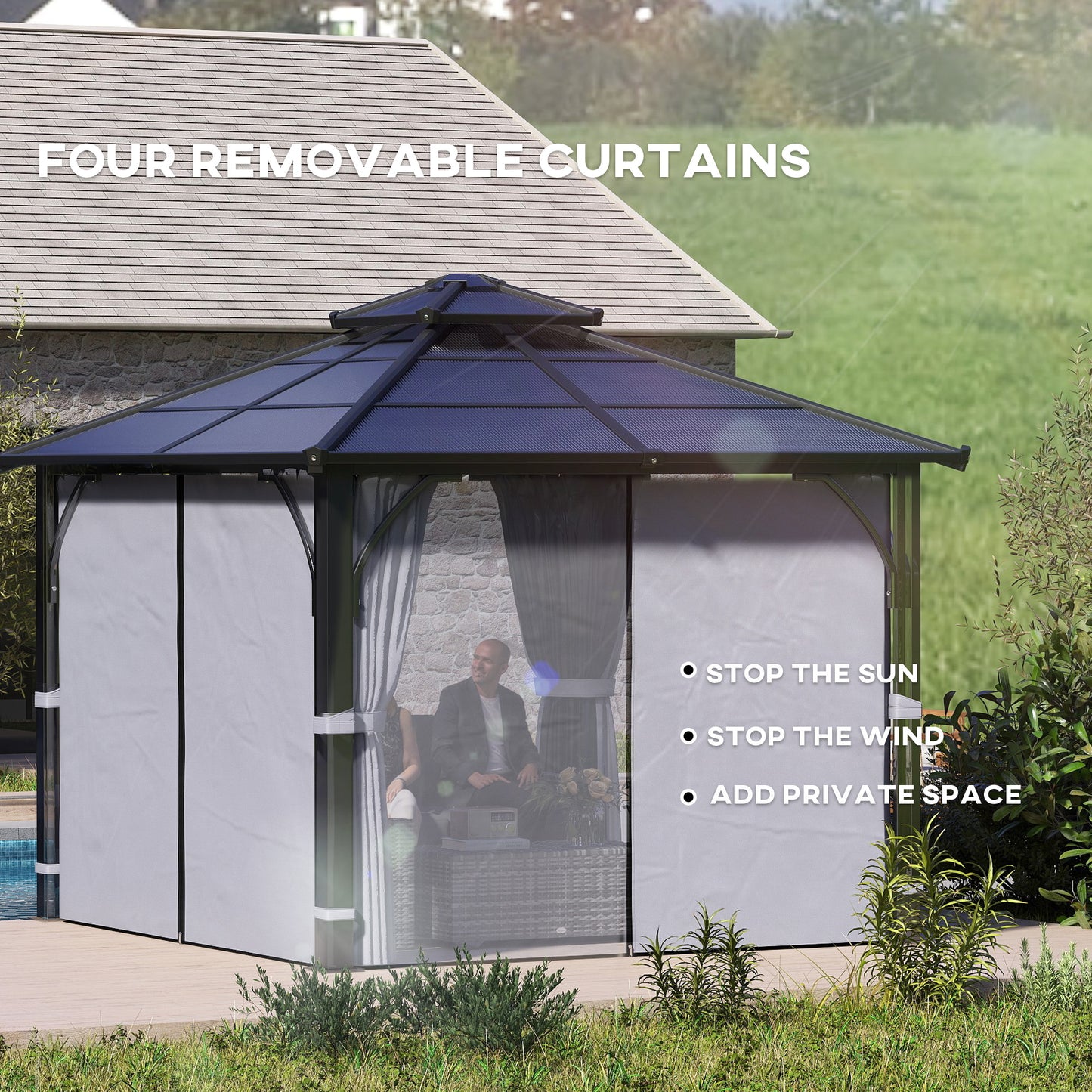 Outsunny 3m x 3m Hardtop Gazebo Canopy With 7mm Polycarbonate Roof Mosquito Netting And Curtains For Patio Dark Grey