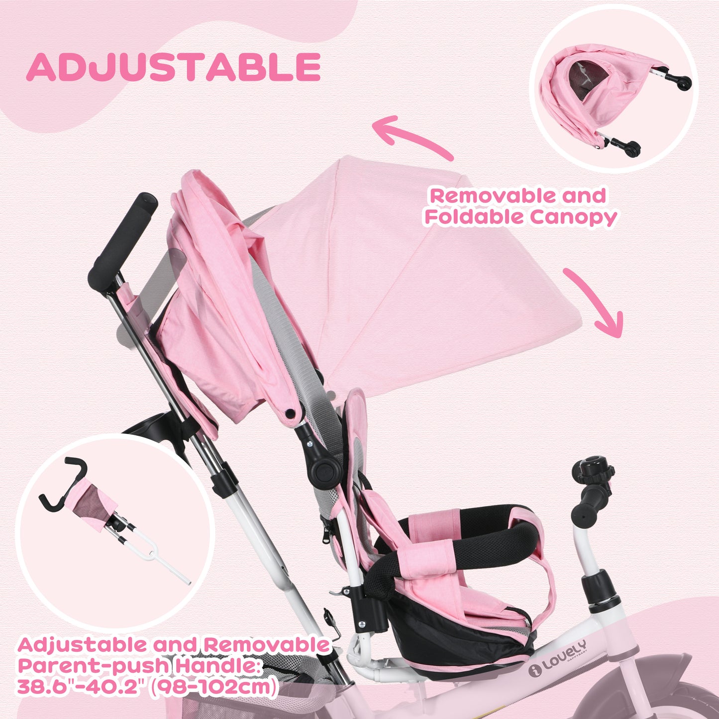 HOMCOM Transformable 4-in-1 Kids Trike with Canopy, Push Handle, and Safety Features - Pink - ALL4U RETAILER LTD