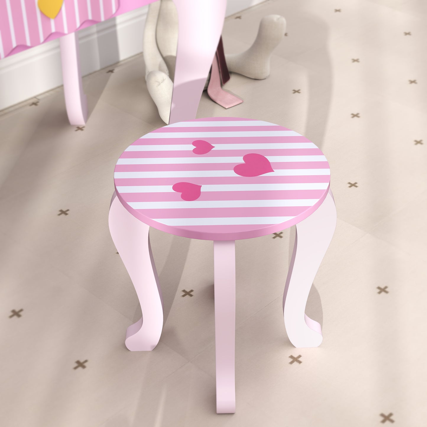 AIYAPLAY Kids Vanity Dressing Table Set With Stool Mirror Drawer And Desktop Storage Heart Theme Pink