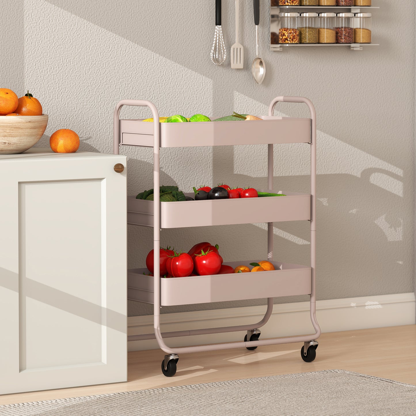 HOMCOM Three Tier Storage Trolley On Wheels With Mesh Baskets In Light Pink For Kitchen Bathroom And Bedroom