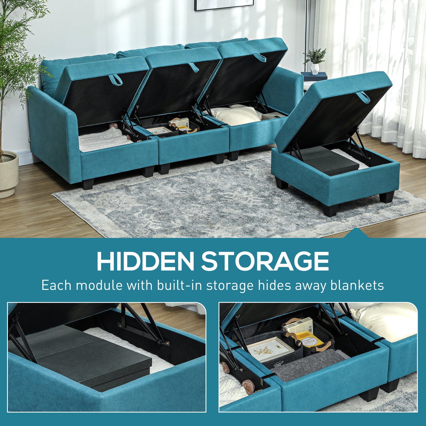 HOMCOM L Shape Modular Sofa With Storage Light Blue Corner Sofa Set For Living Room Flexible Layout