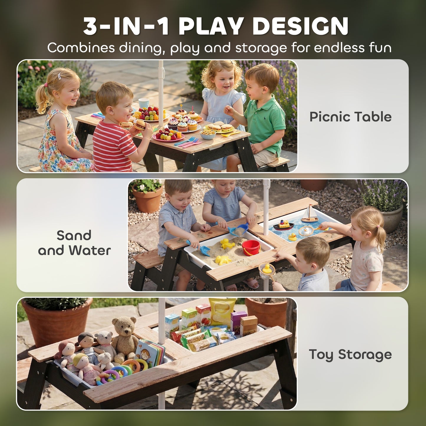AIYAPLAY 3 In 1 Wooden Sand And Water Table Parasol Kids Garden Furniture Hidden Storage Boxes For Patio Ages 3 To 6
