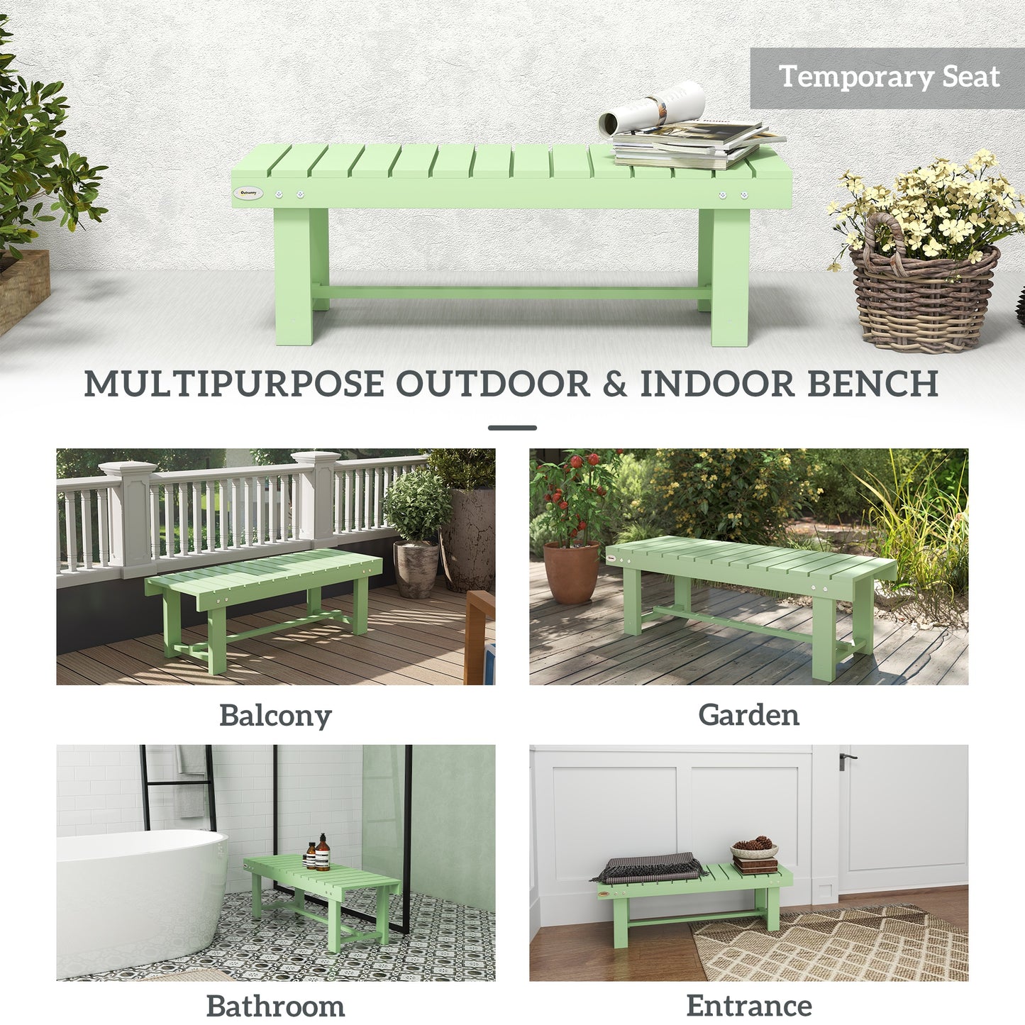 Outsunny Solid Fir Wood Garden Bench Backless Outdoor Loveseat With Slatted Seat Light Green
