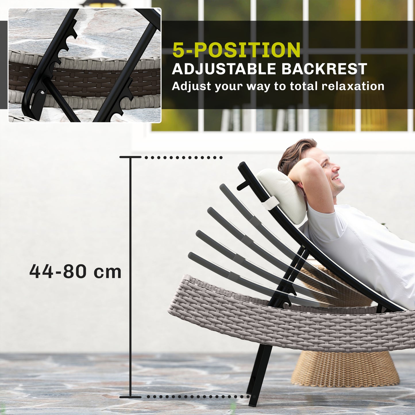Outsunny Rattan Sun Lounger Garden Recliner with Five Position Adjustable Back S Shaped Texteline Seat Headrest Cream