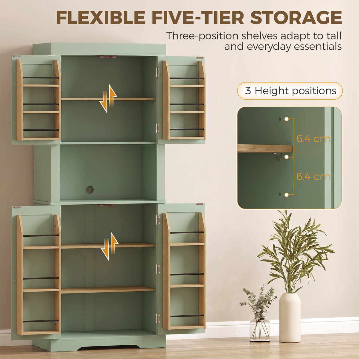 Sage green tall cabinet interior with multiple open shelves and adjustable storage areas