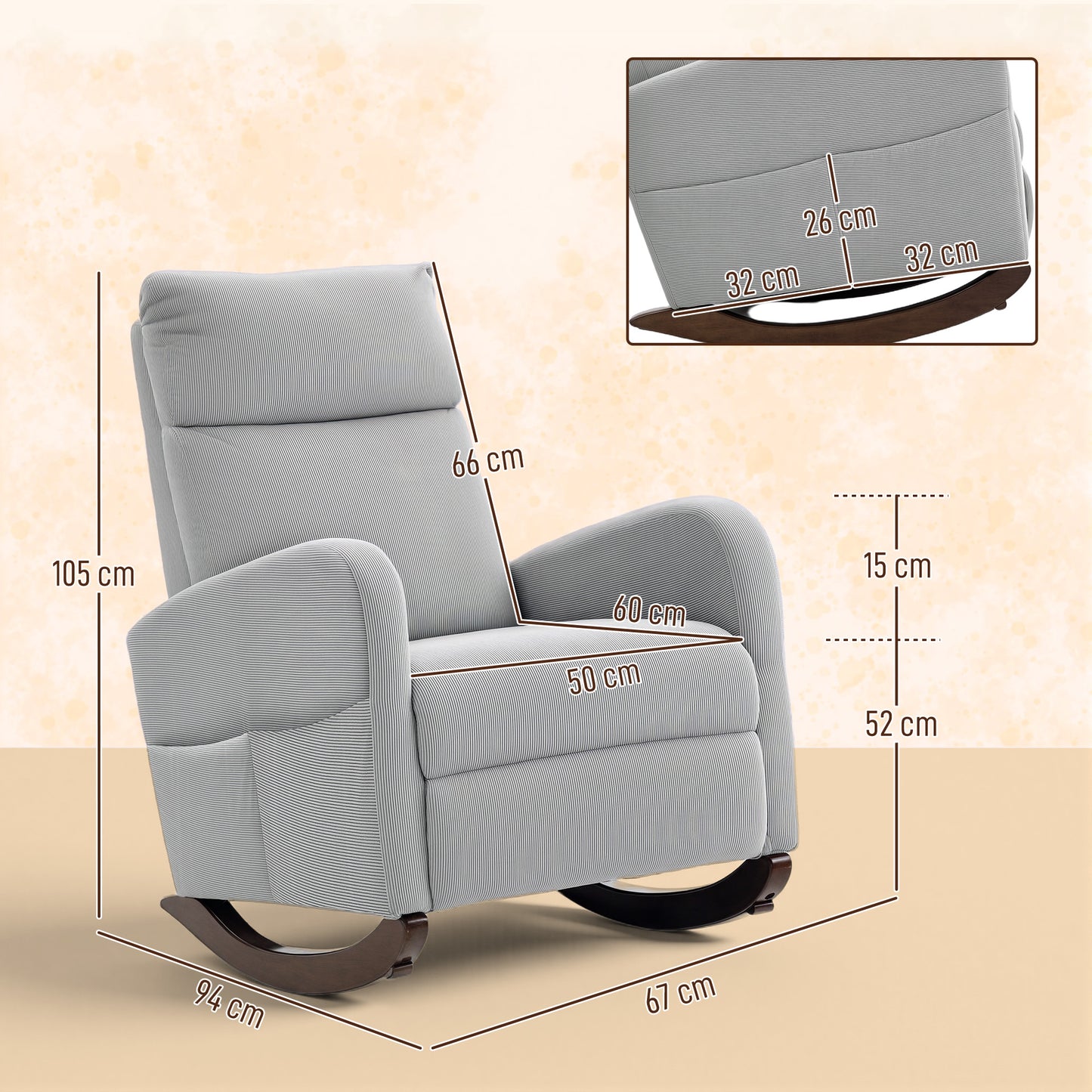 HOMCOM Corduroy Rocking Armchair Grey With Plush Padding And Gentle 11 Degree Rocking Base