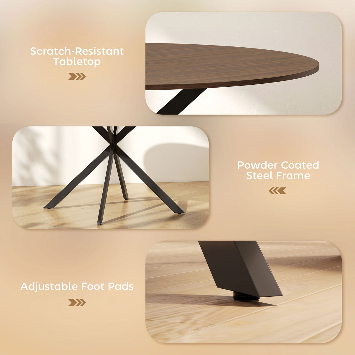 Round dining table with scratch-resistant brown top, black powder-coated steel X legs.