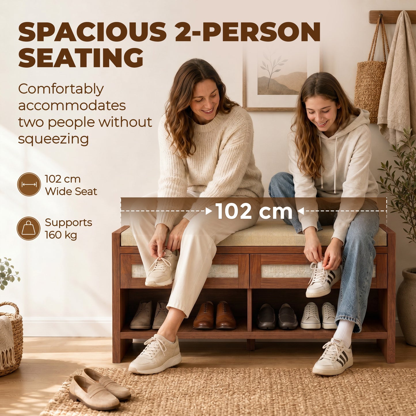 HOMCOM Boho Shoe Storage Bench With Cushioned Seat Open Shelf And Two Rattan Drawers Brown