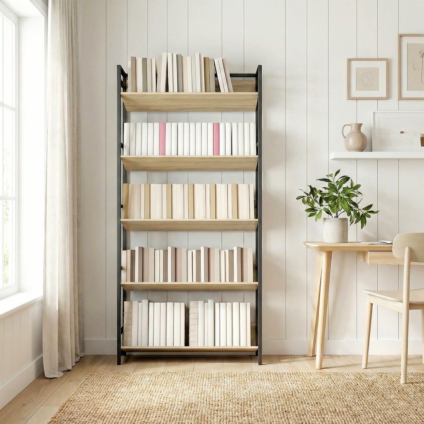 HOMCOM 5 Tier Metal Frame Bookcase Oak Finish For Living Room Storage Shelves With Anti Fall Design