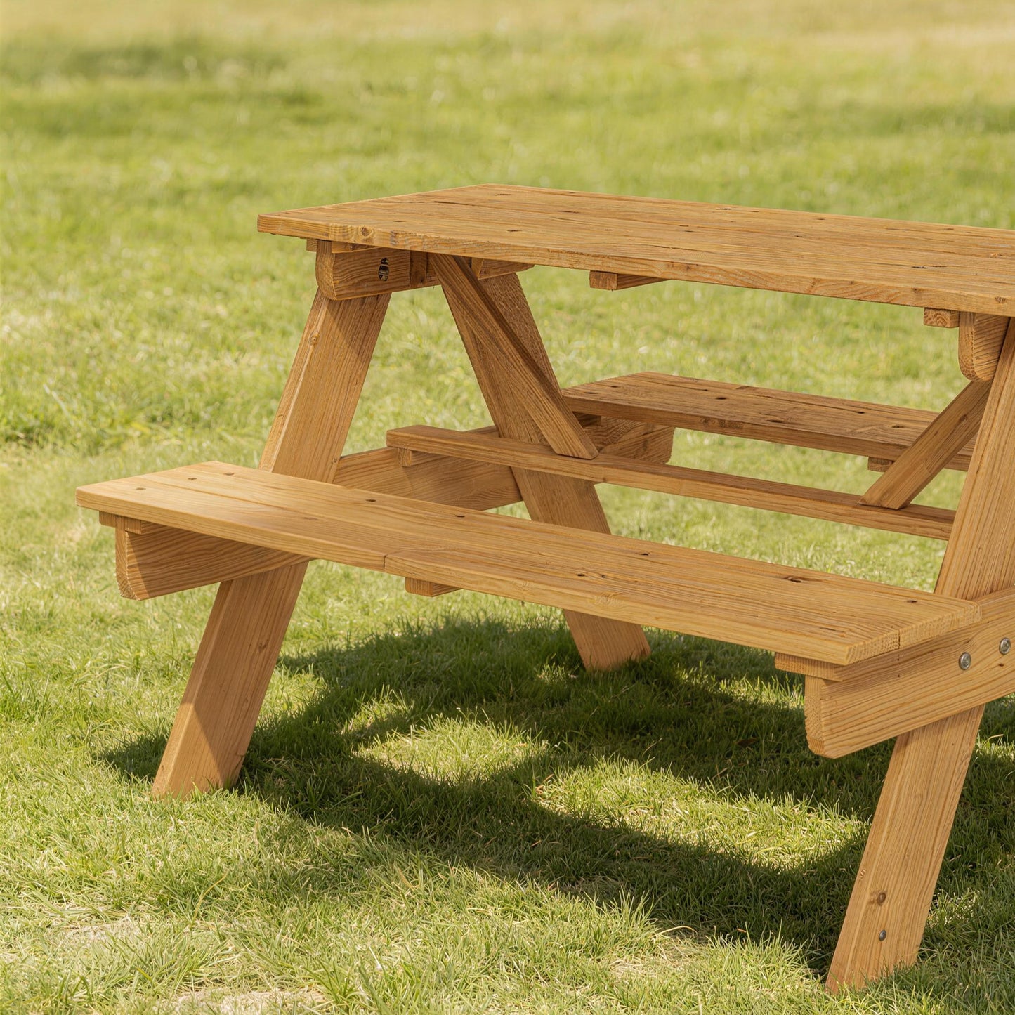 AIYAPLAY Kids Outdoor Picnic Table And Integrated Benches In Solid Fir Wood Natural Finish For Stable A Frame Design