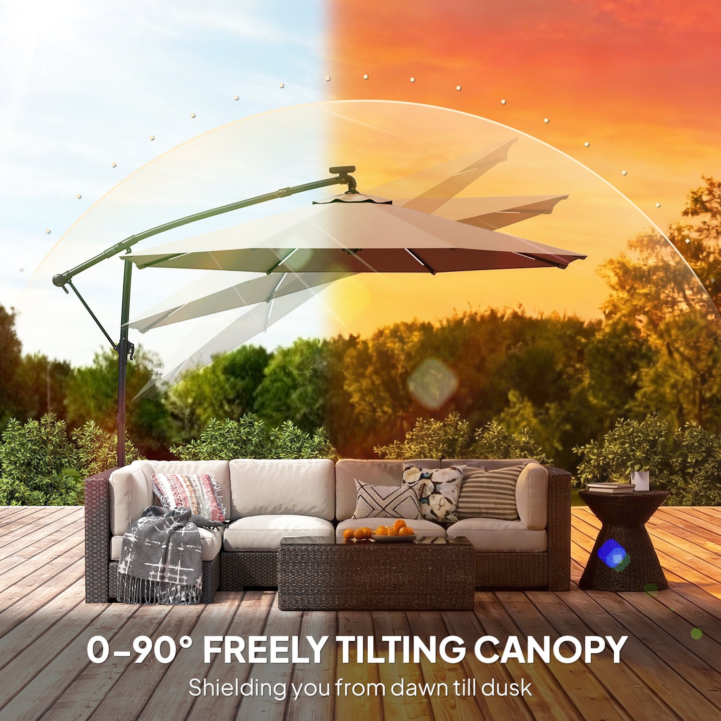 Outsunny 3 Meter Garden Cantilever Parasol With LED Solar Light Round Overhanging Umbrella 360 Degree Rotation Grey