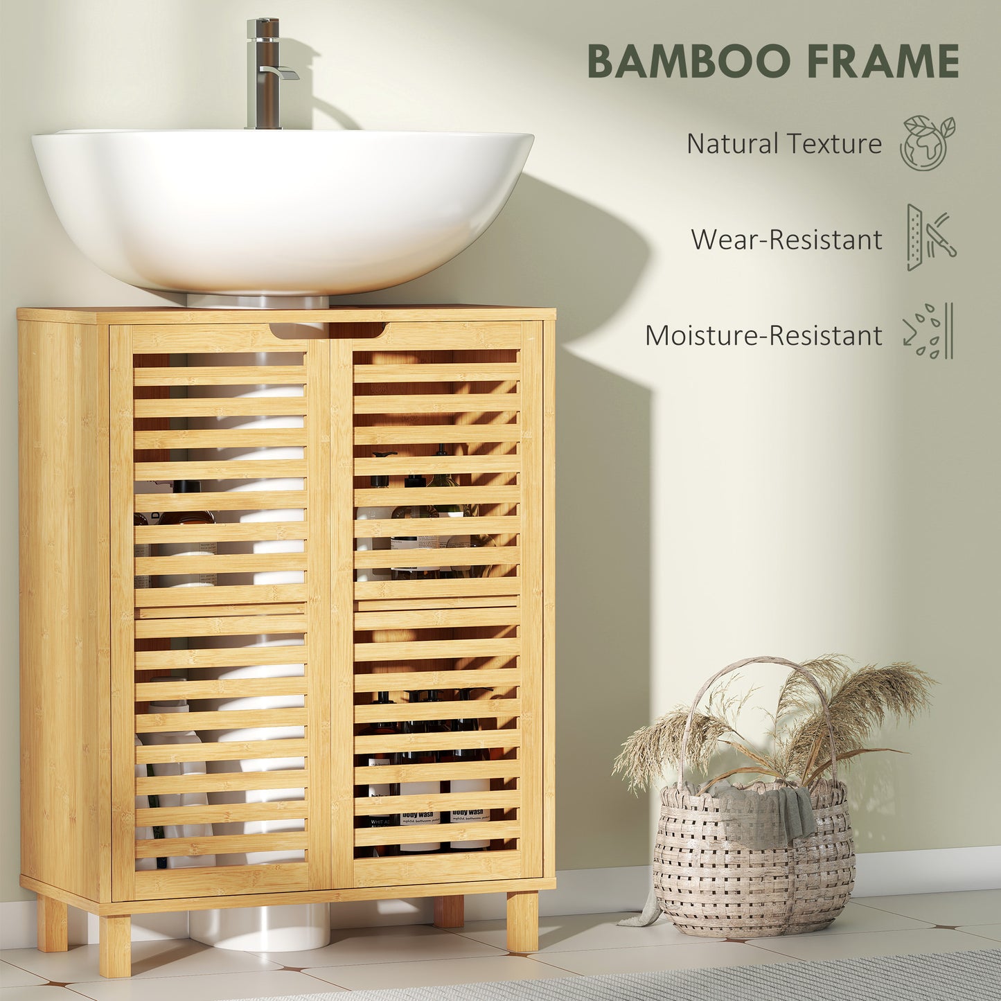 HOMCOM Under Sink Bathroom Cabinet Freestanding Bamboo Cabinet With Louvered Doors Adjustable Shelf Natural Finish