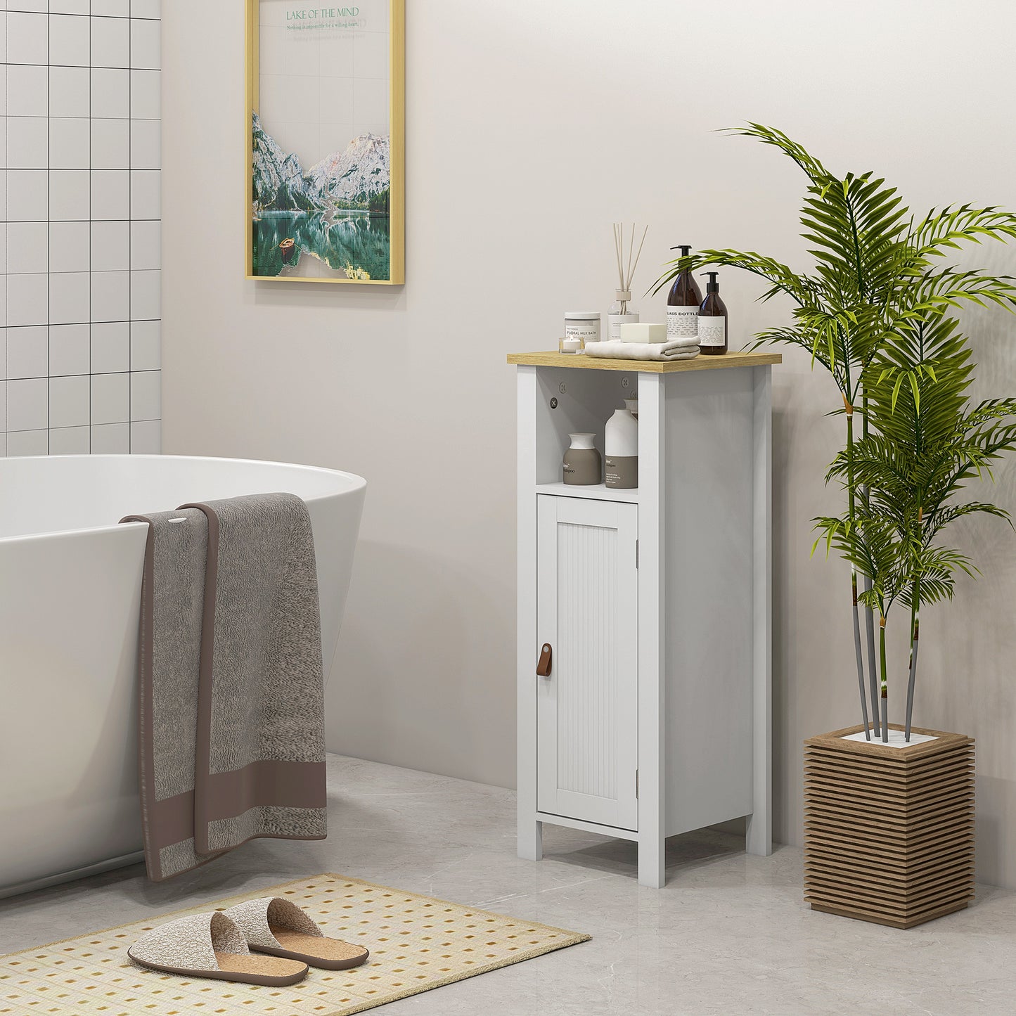 Kleankin Slim White Bathroom Storage Cabinet With Two Tier Cupboard And Faux Leather Handle For Towels
