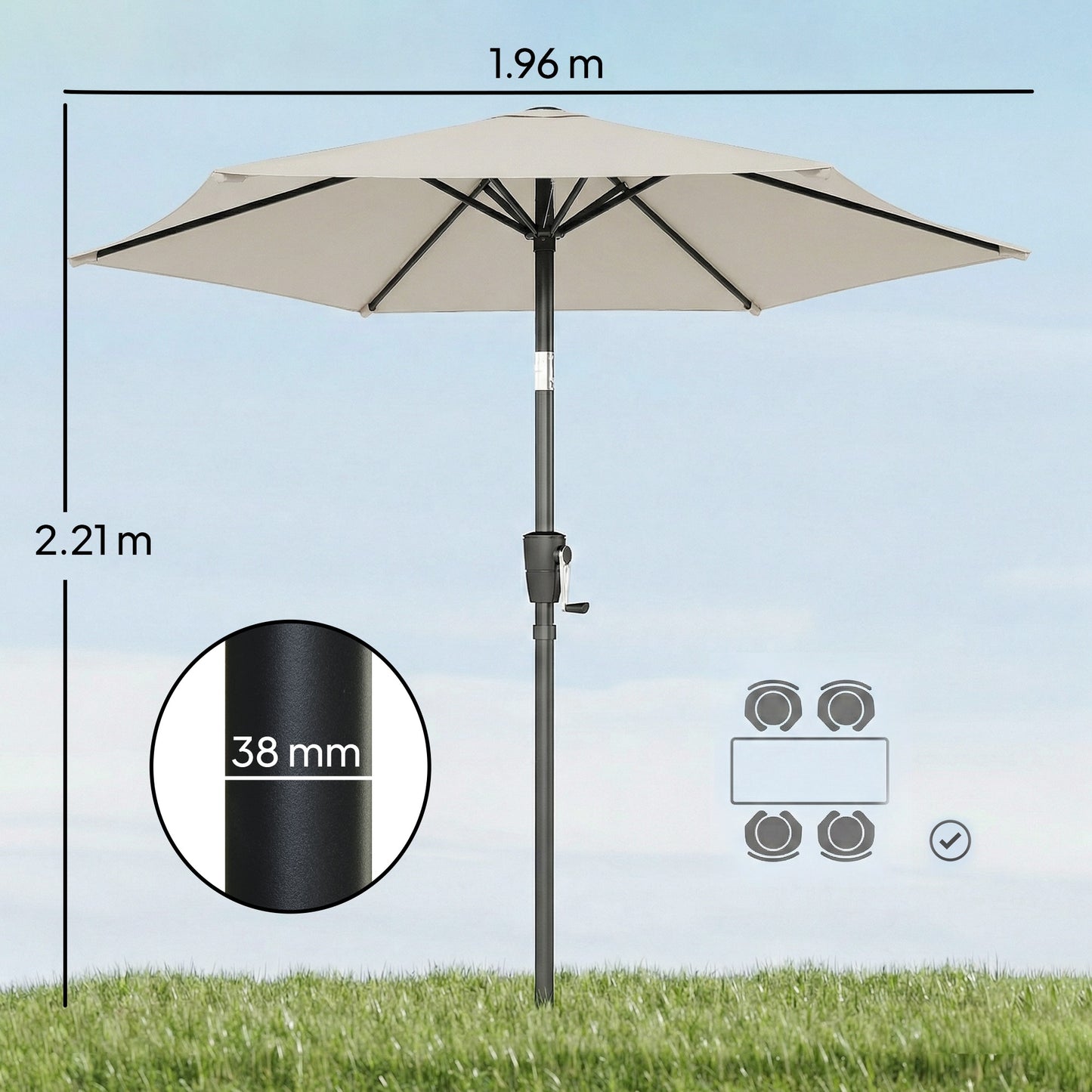 Outsunny 2M Garden Parasol Umbrella With Crank Handle Tilt Function UV 30 Plus Protection For Outdoor Patio Table