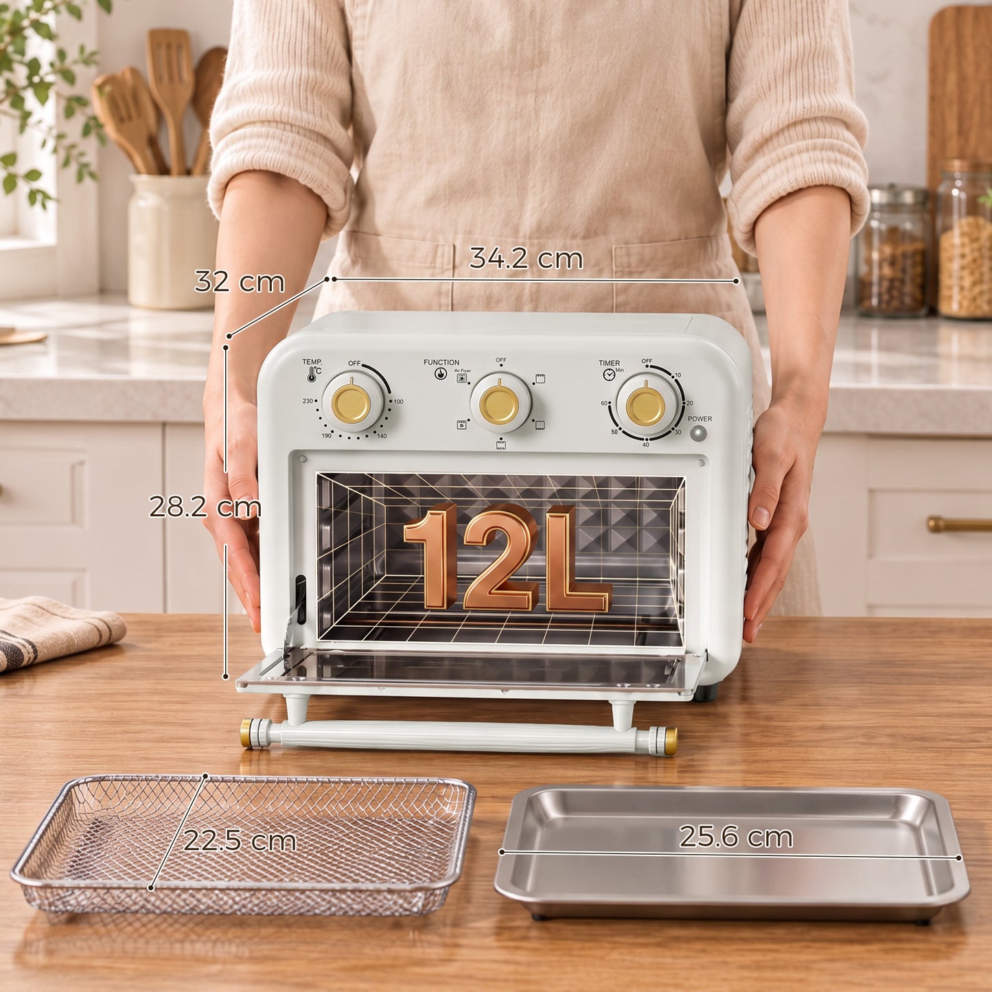 HOMCOM 12 L Air Fryer Toaster Oven With Convection, Adjustable Temperature And Timer, Cream White Countertop Oven