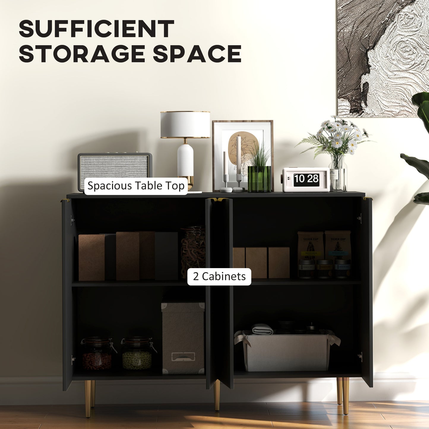 HOMCOM Black Sideboard Buffet Cabinet With Four Doors And Adjustable Shelves For Modern Kitchen Storage