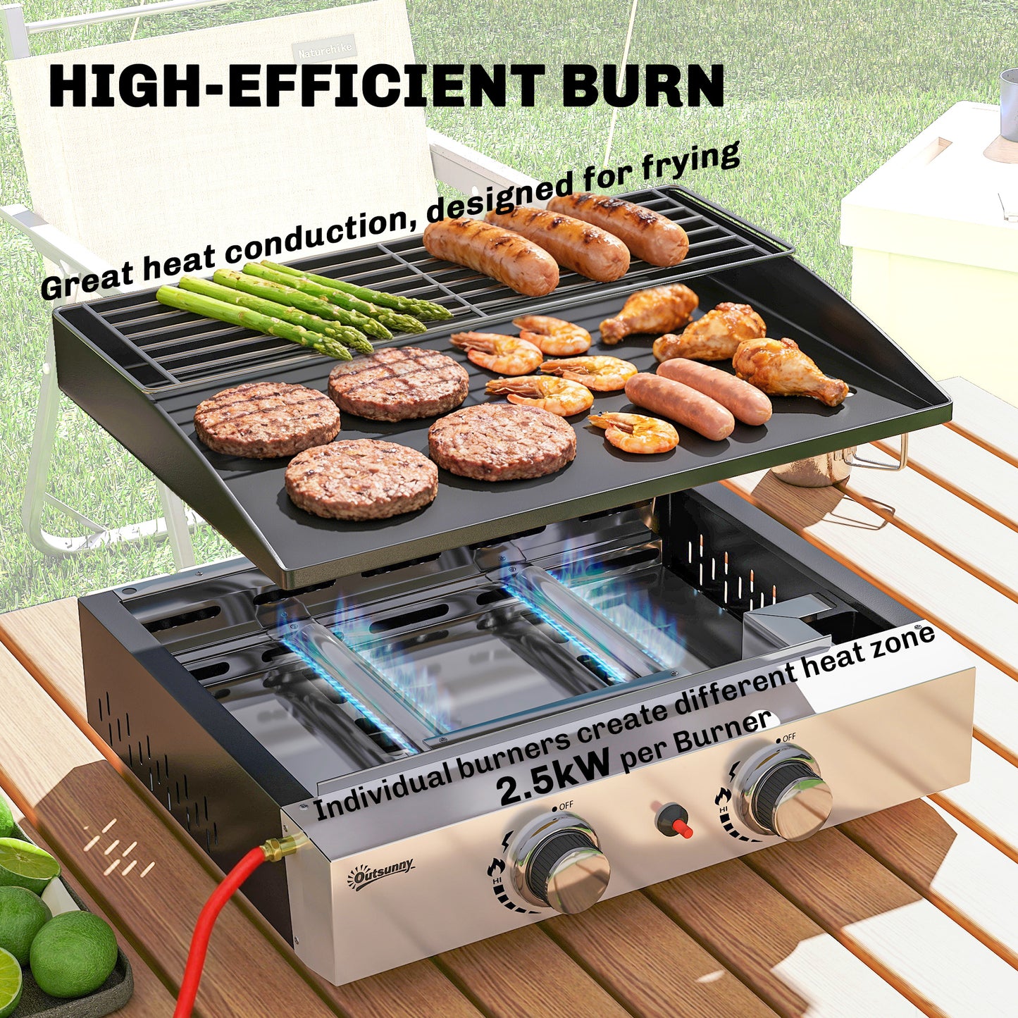 Outsunny Two Burner Grill Griddle Portable Gas Plancha With Warming Rack 5 Kilowatt Tabletop Gas BBQ Grease Cup Black