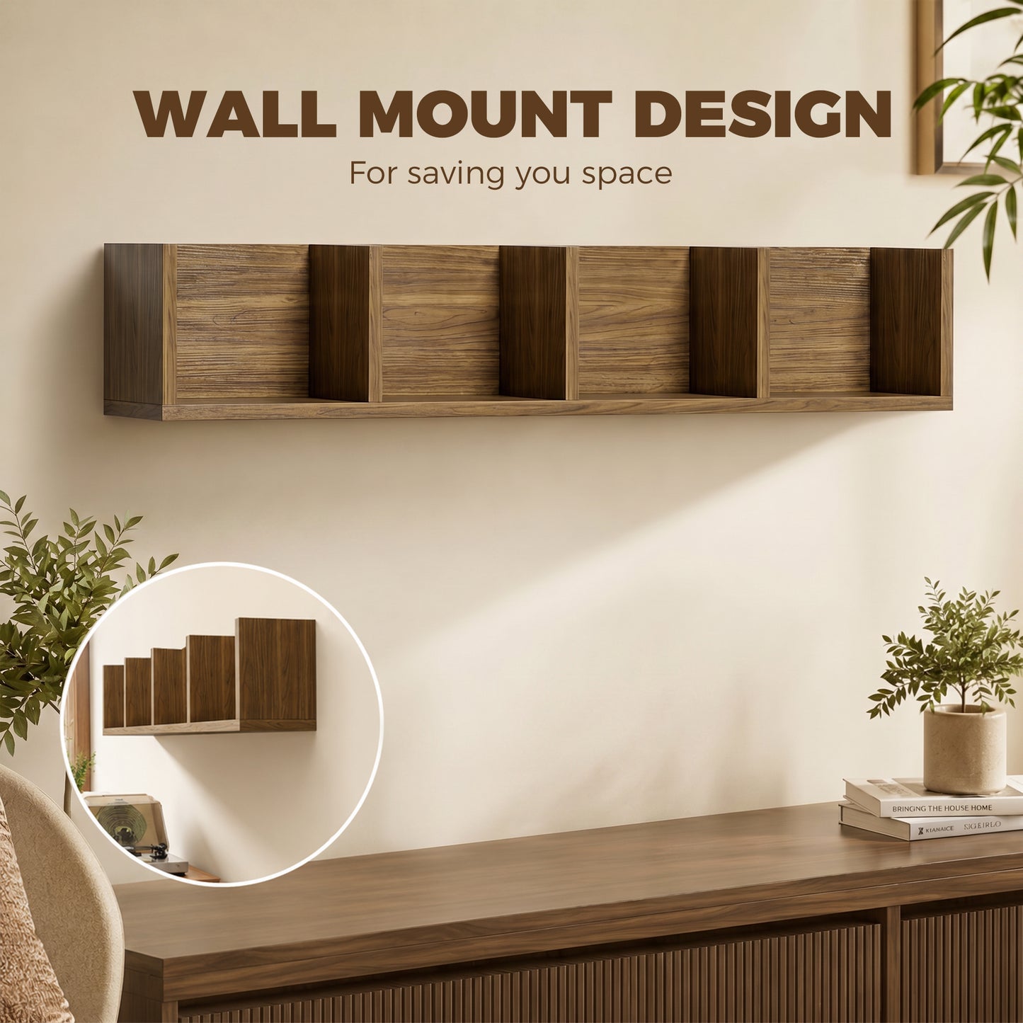 HOMCOM Wall Mount CD DVD Storage Rack Four Cubes Walnut Wood Shelf Organizer Unit