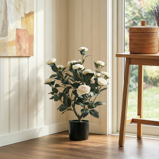 HOMCOM 65cm Artificial Camellia Plant In Pot With 116 Lush Leaves Silk Blossoms And Moss Effect Base White