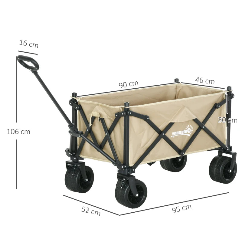 Outsunny Folding Garden Trolley, Outdoor Wagon Cart with Carry Bag - 120KG Capacity, Khaki - Ideal for Beach, Camping, Festivals
