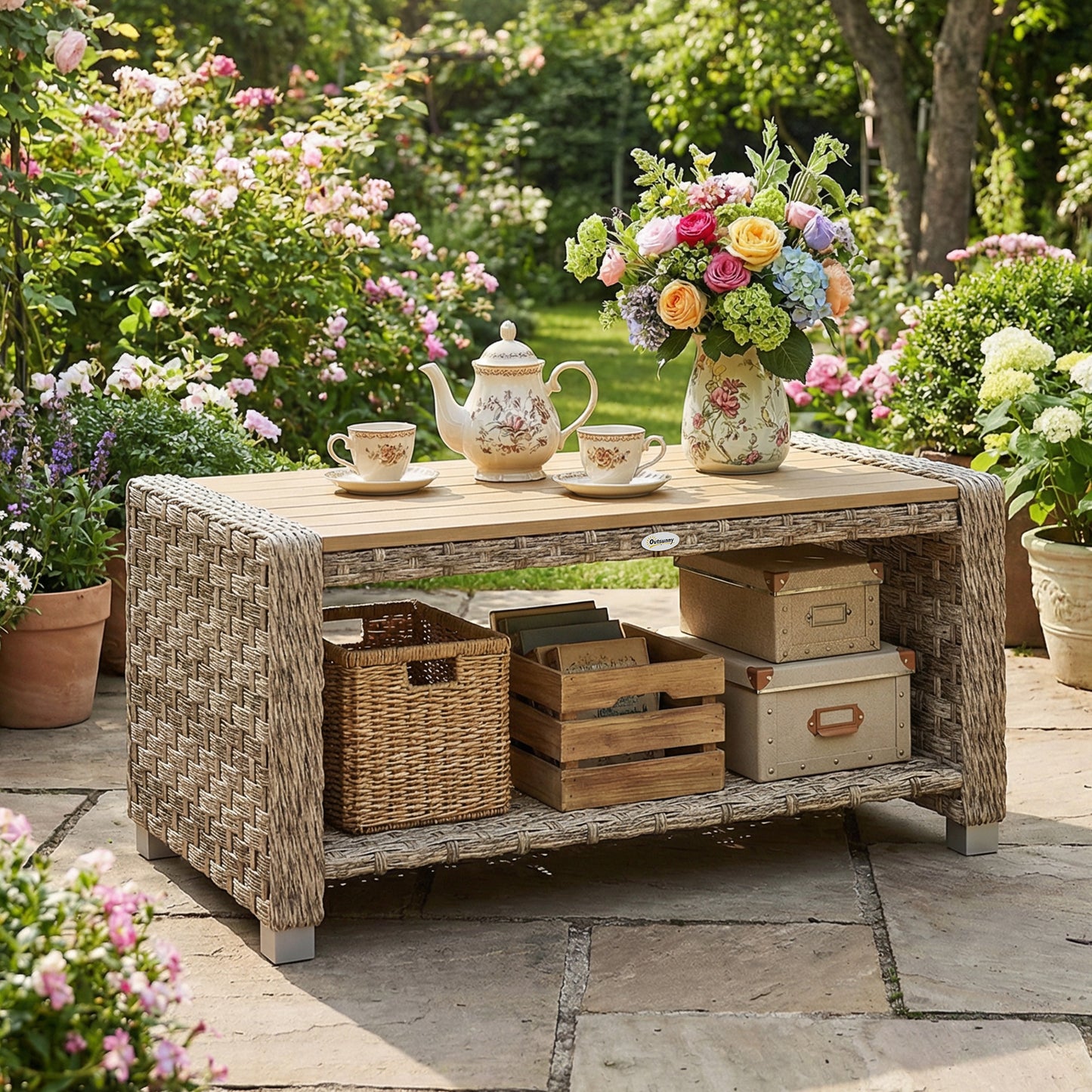 Outsunny Outdoor Coffee Table With Two Tier Storage Shelf In PE Rattan Light Brown Slatted Top And Foot Pads