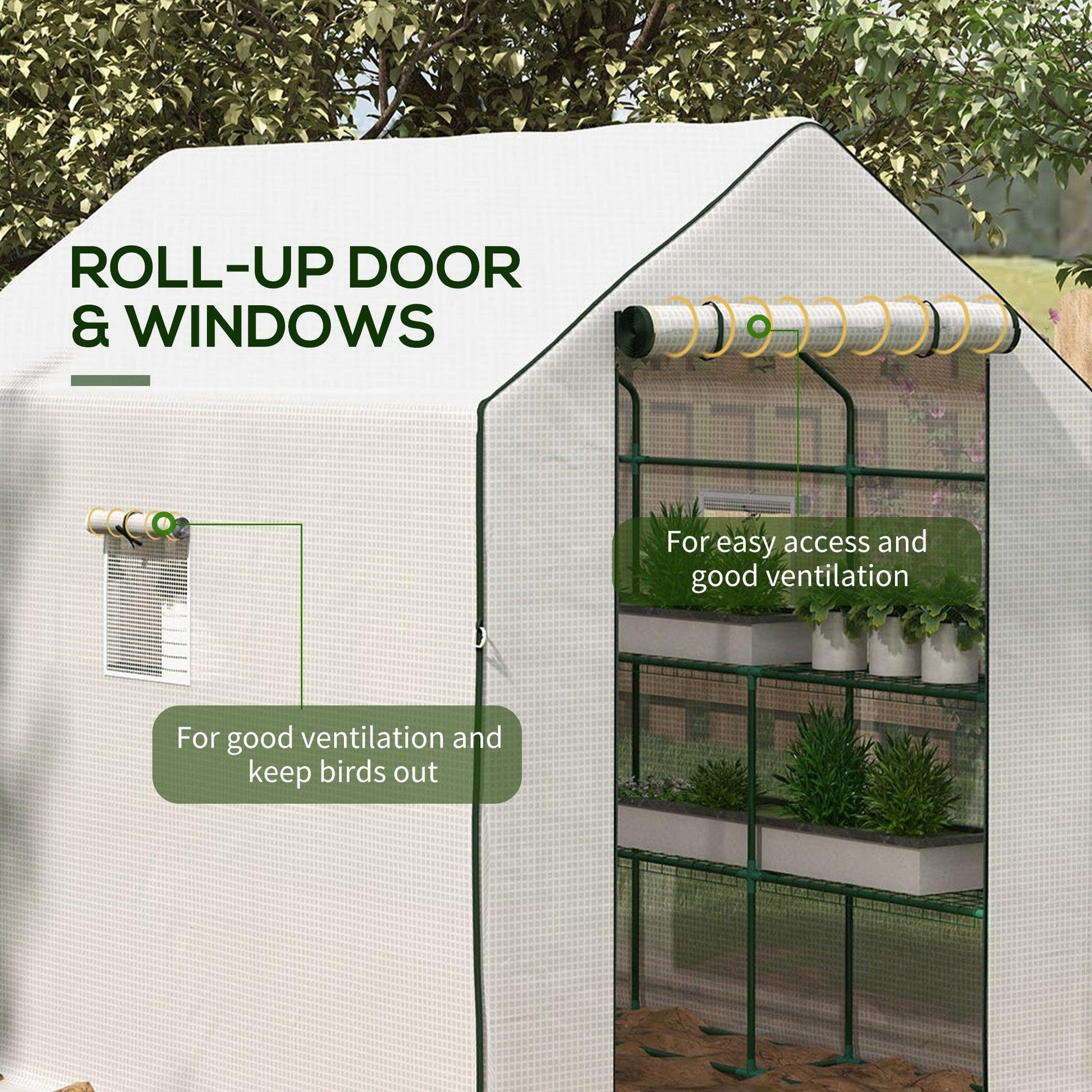 Outsunny Walk-in Greenhouse w/ 3 Tier Shelves, Green House Garden Grow House w/ PE Cover, Roll-up Door, Mesh Windows, 140 x 213 x 190cm, White - ALL4U RETAILER LTD