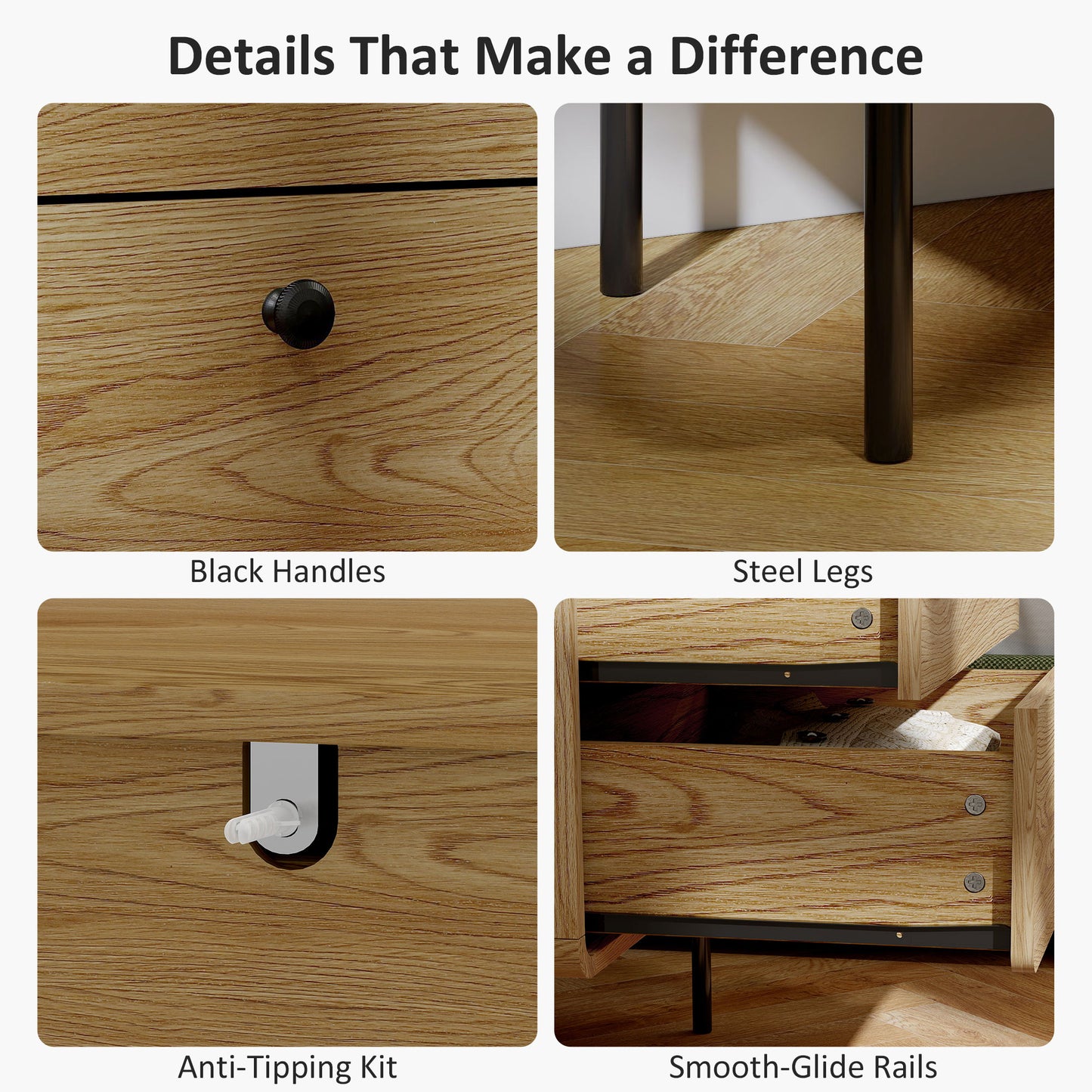 HOMCOM Modern Chest Of Drawers With Four Drawers Oak Finish Rounded Edges And Smooth Handles