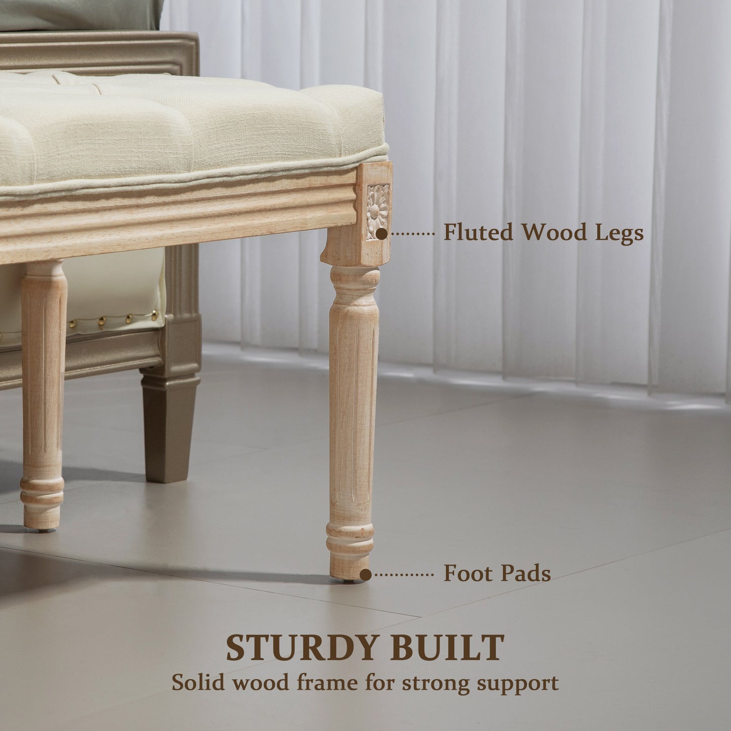 HOMCOM Vintage Wooden Bed End Bench Cream White With Button Tufted Top And Distressed Wood Frame