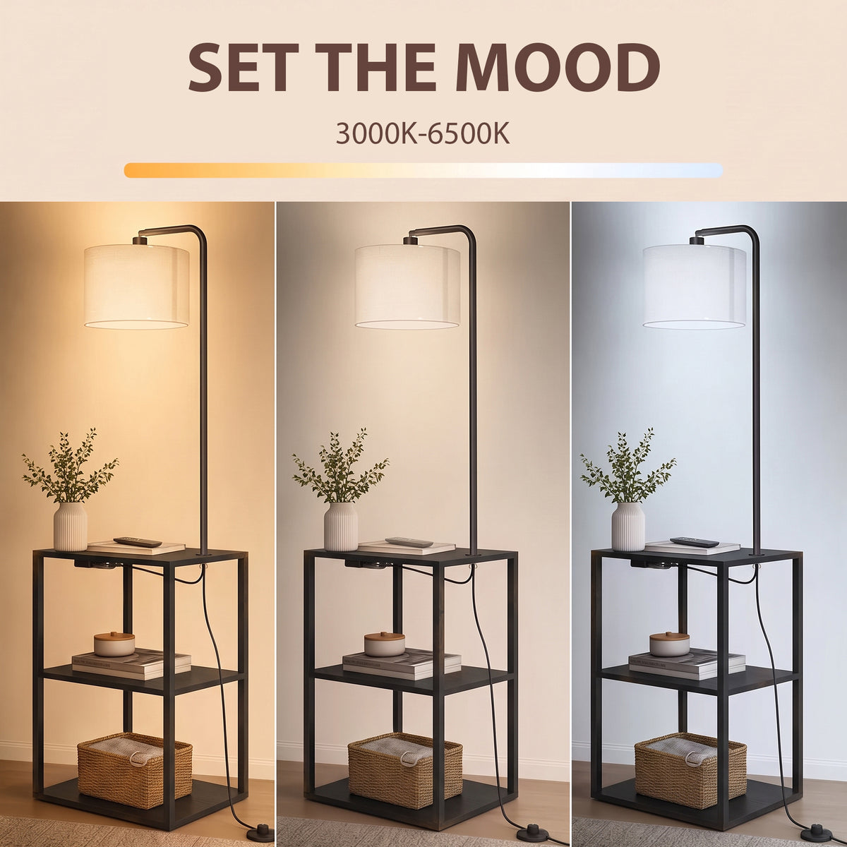 Black shelf floor lamp with off-white shade and 3-tier frame