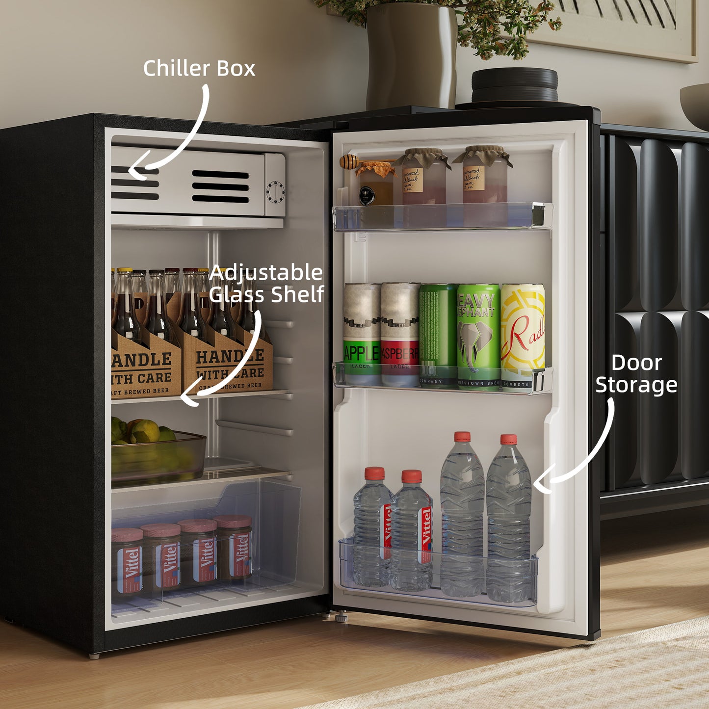HOMCOM 85L Under Counter Fridge Retro Refrigerator With Chiller Box Glass Shelves Adjustable Thermostat Black