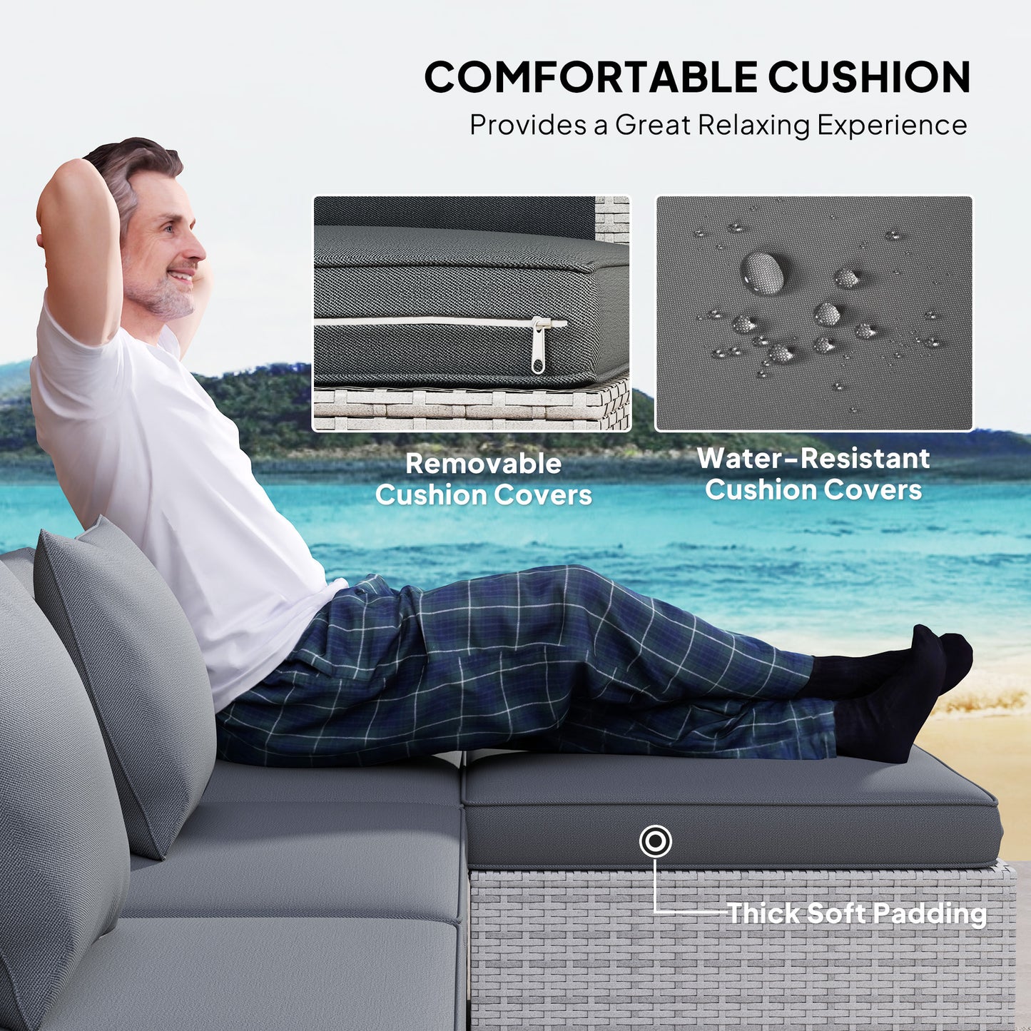Outsunny 6 Piece Rattan Corner Sofa Set Outdoor With Metal Frame And PE Rattan Glass Top Coffee Table Mixed Grey