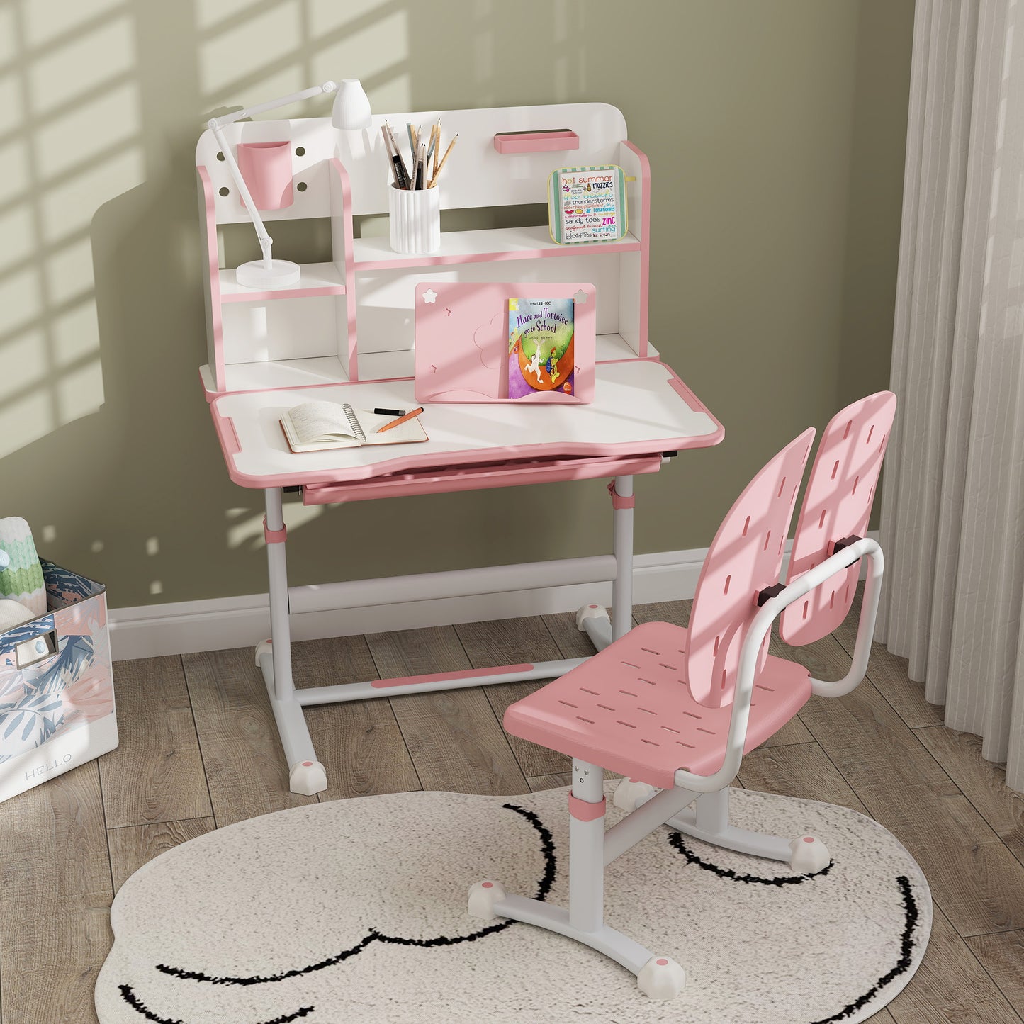 Adjustable Pink Children's Study Desk and Chair Set with Tiltable Top and Reading Rack