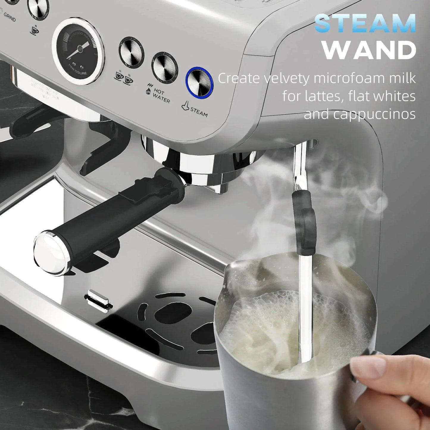 HOMCOM 15 Bar Espresso Maker with Adjustable Grind Settings and Milk Steamer - Silver Finish - ALL4U RETAILER LTD