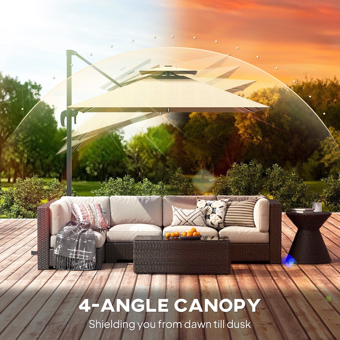 Outsunny 2.5m Cantilever Parasol With Solar Powered LED Lights 360 Degree Rotation Tilt Adjustment Crank Khaki