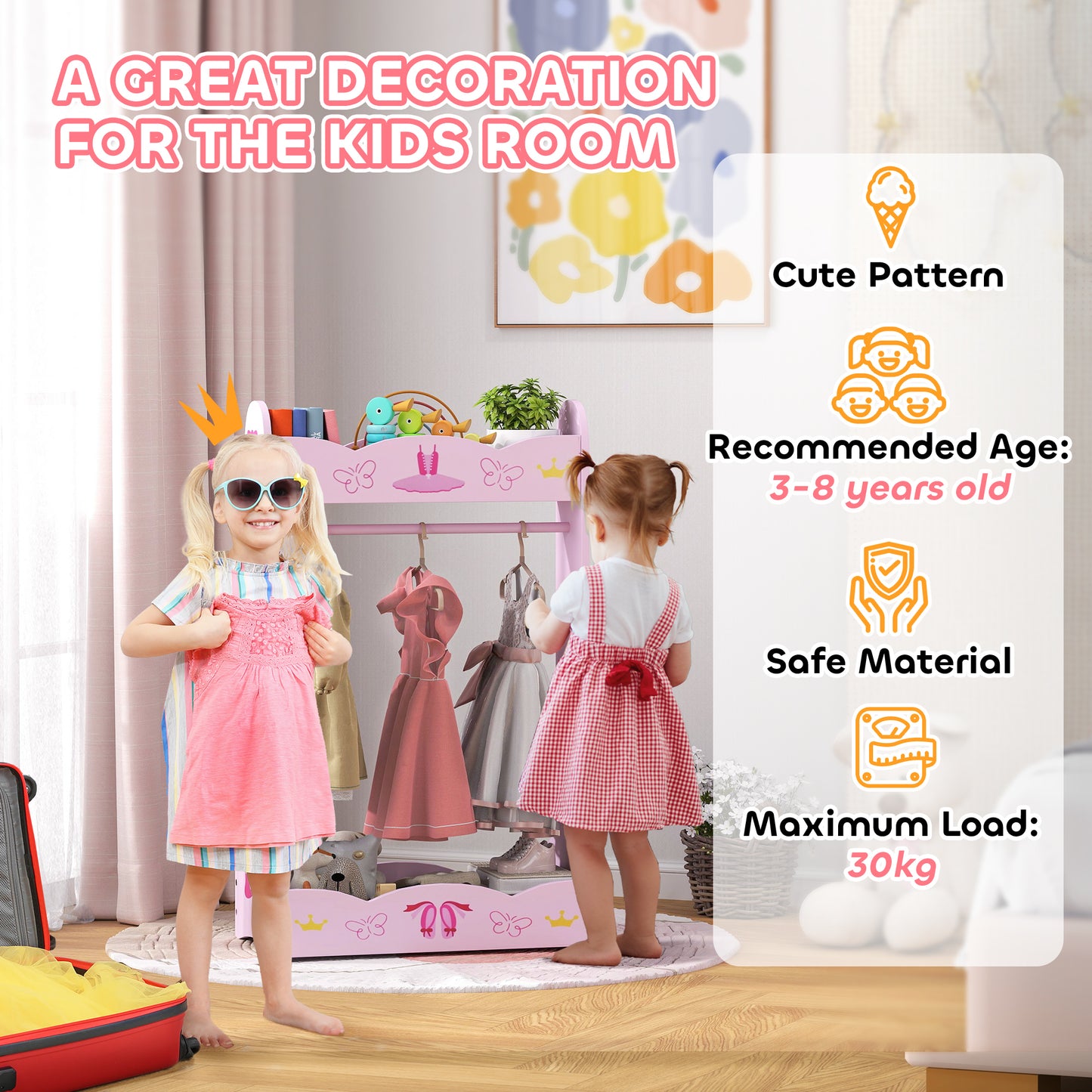 AIYAPLAY Two Piece Kids Clothes Rail and Dressing Mirror Set With 360 Degree Rotating Mirror and Storage Shelves Pink