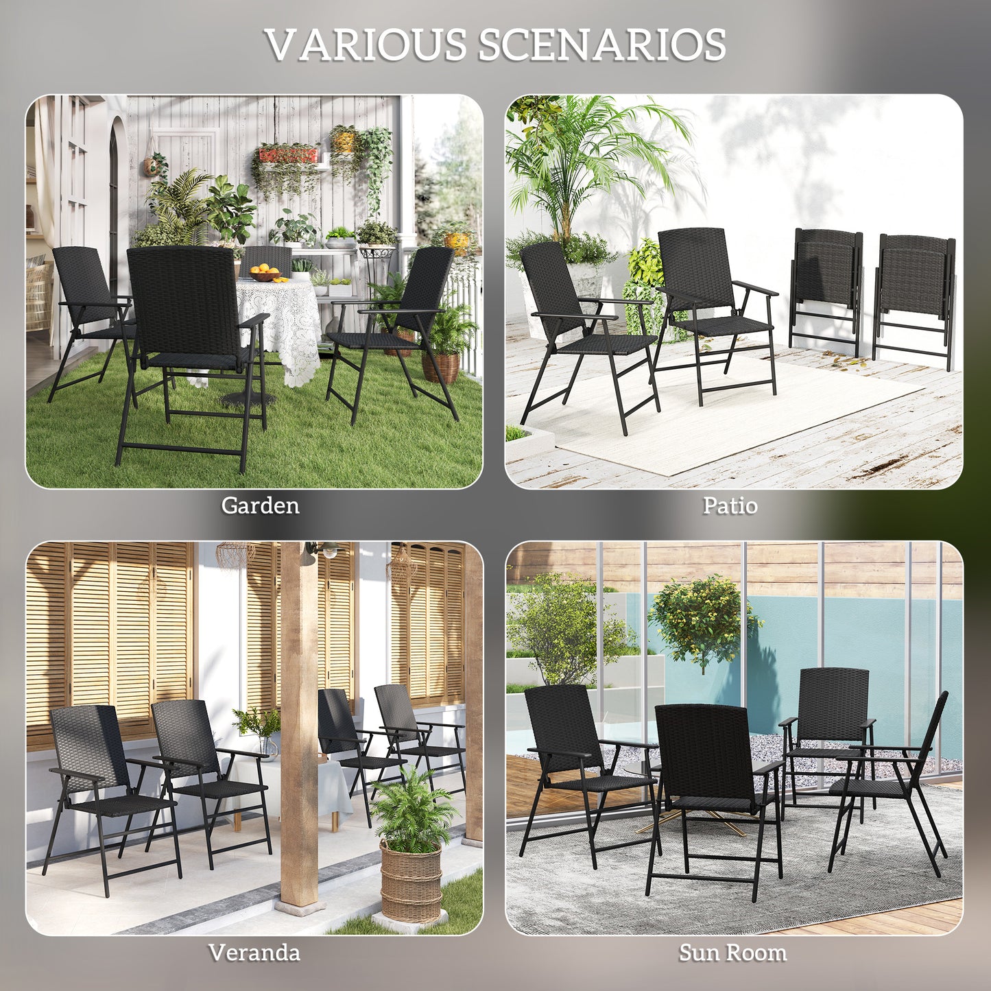 Outsunny Set of Four Folding Rattan Chairs Black Weather Resistant Outdoor Patio Seating