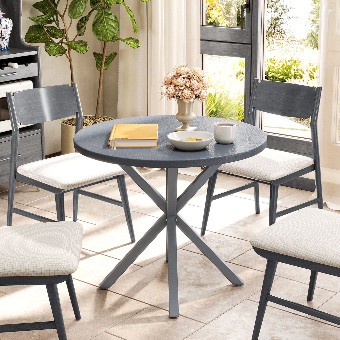 Outsunny 85cm Round Outdoor Dining Table With Steel Frame And Wood Effect Top For Balcony And Deck Dark Grey