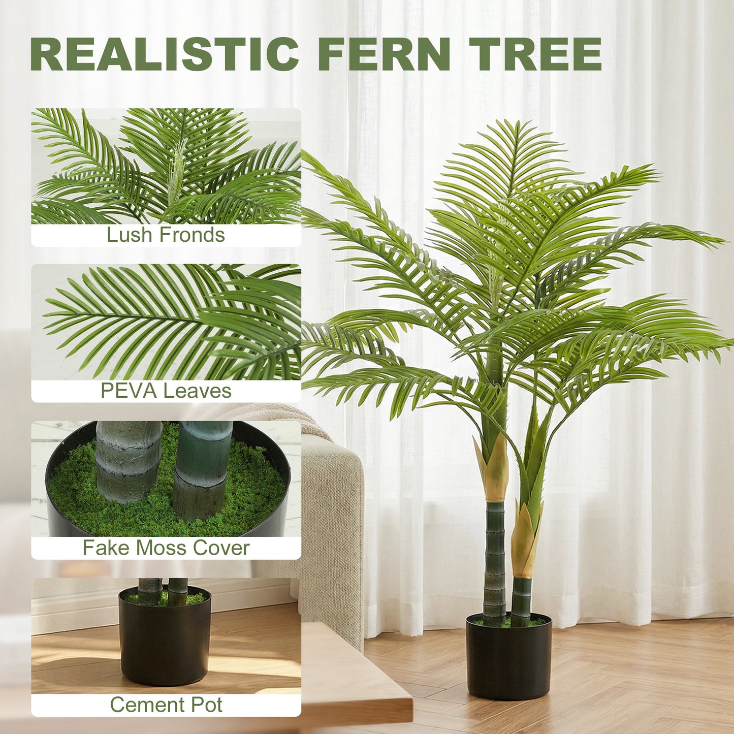 HOMCOM 120cm Artificial Palm Tree With 14 PEVA Leaves In Pot Decorative Plant With Moss Effect Green