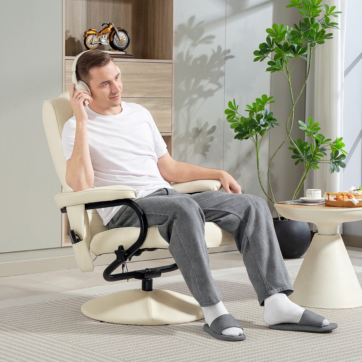 HOMCOM Swivel Recliner Chair and Footstool With Faux Leather Massage Remote Control Round Wrapped Base Cream White