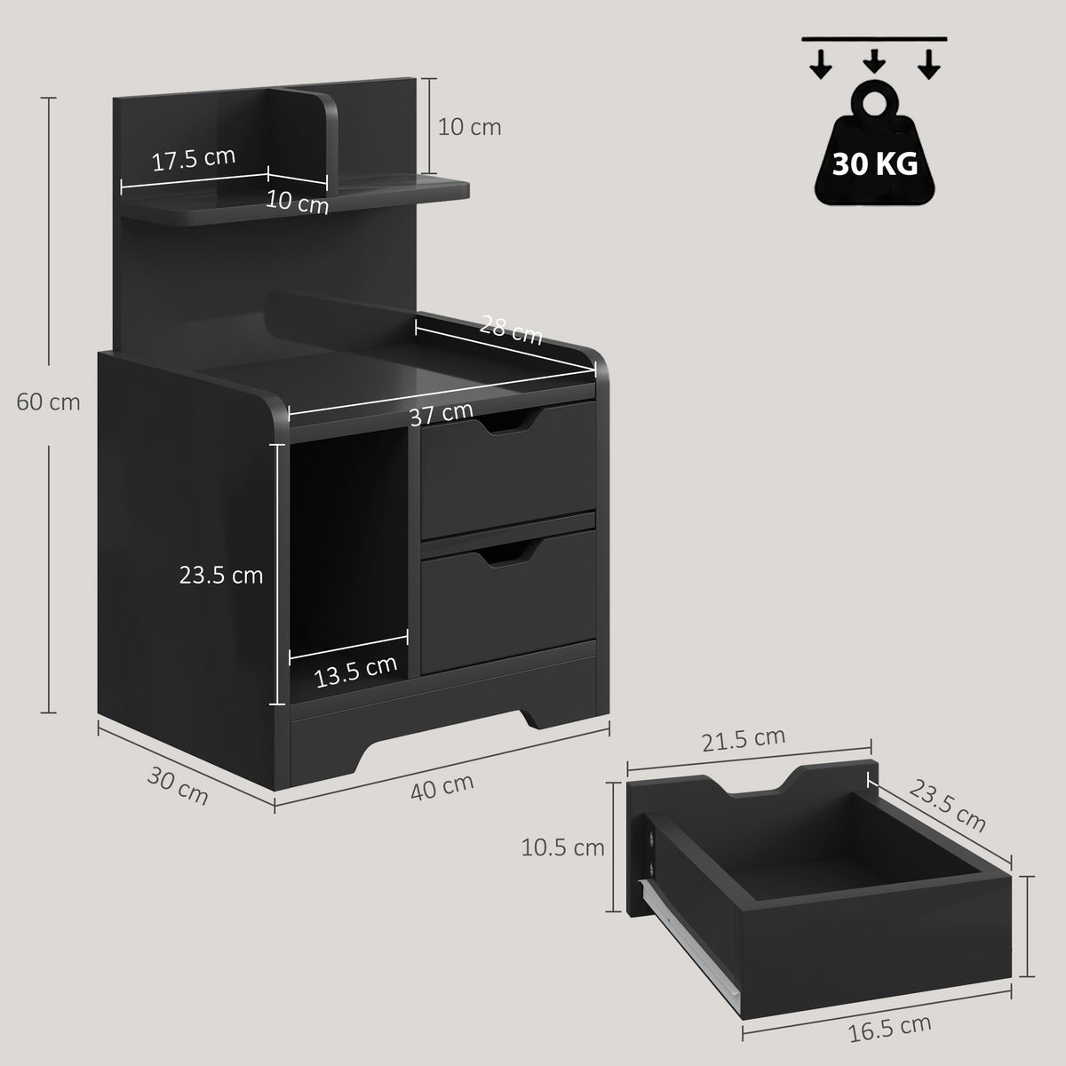 HOMCOM Black Wood Effect Bedside Table With Drawers And Shelf